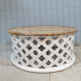 TARIKA Bristol Hand Carved Floral Round Coffee Table With Natural Top